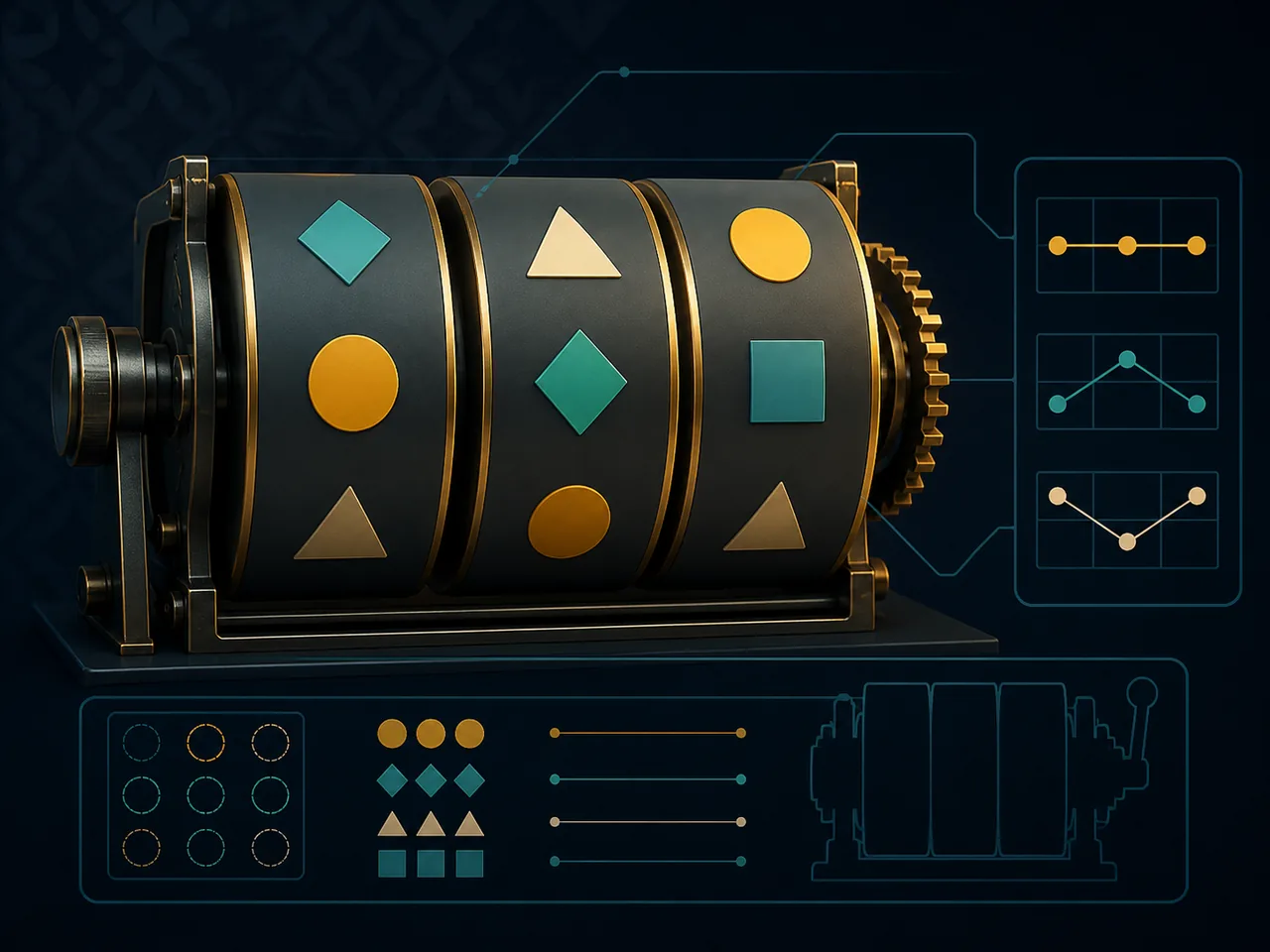 Ilustração de símbolos, tabela e controles de uma rodada de slot